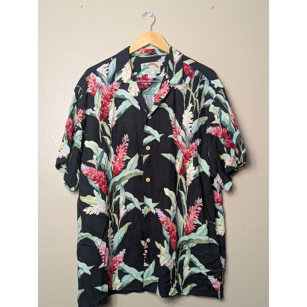 Paradise Found Hawaiian Shirt Men XL Black Red Ginger Floral Aloha Camp Rayon